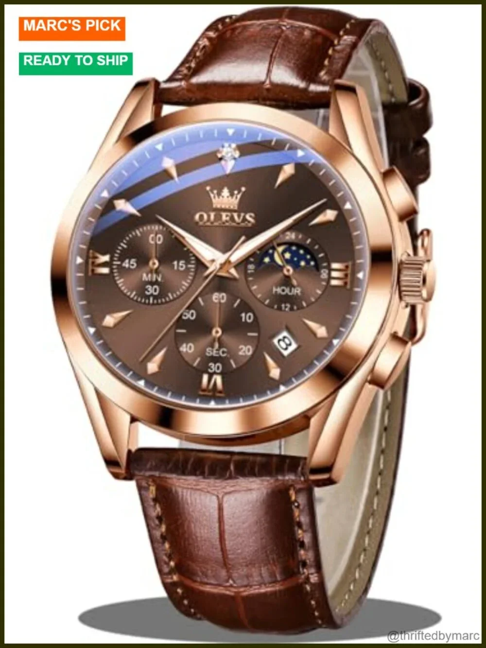 Men's Leather Analog Quartz Chronograph Wristwatch with Date Luminous Dress